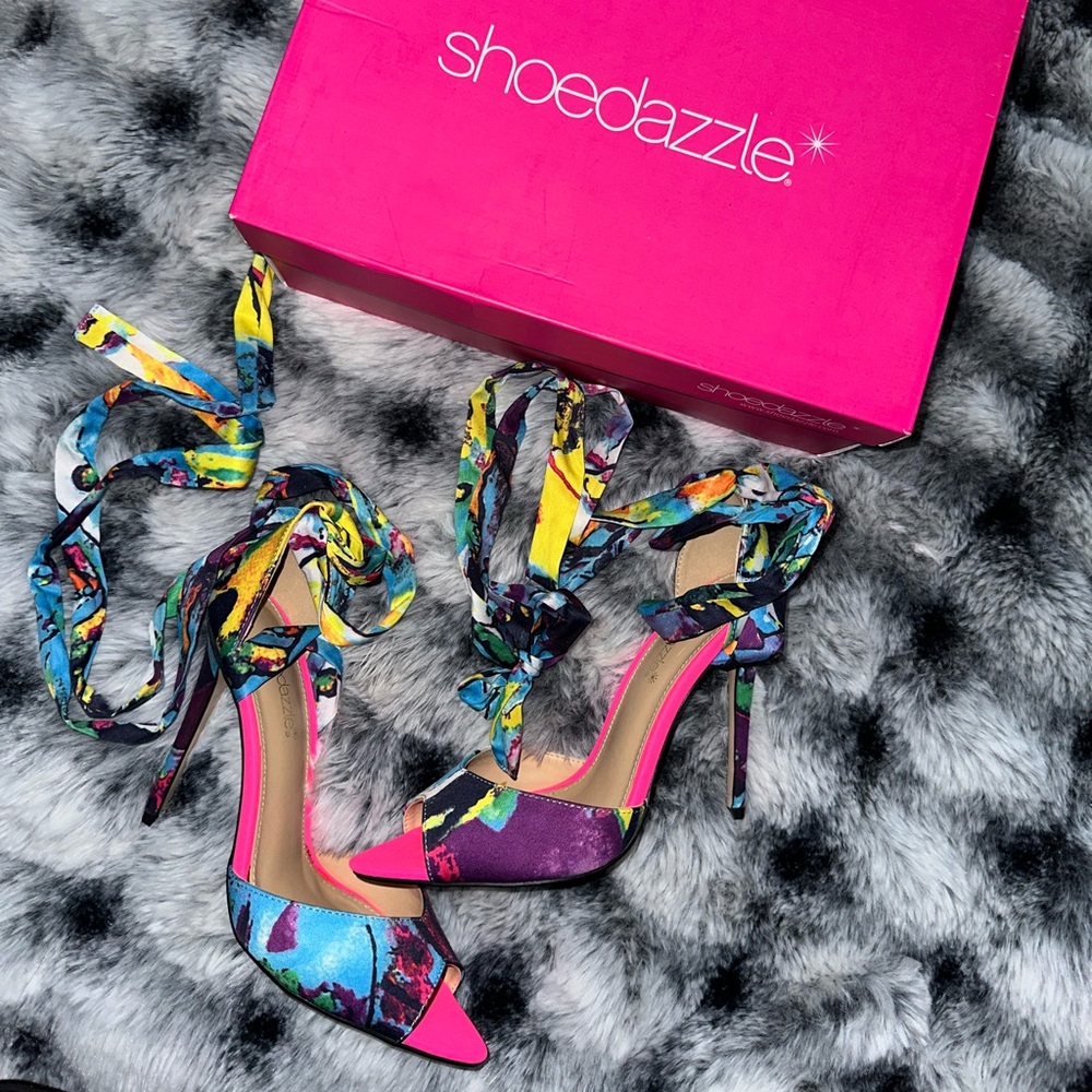 Peep toe floral satin ankle wrap sandals. Perfect for Spring